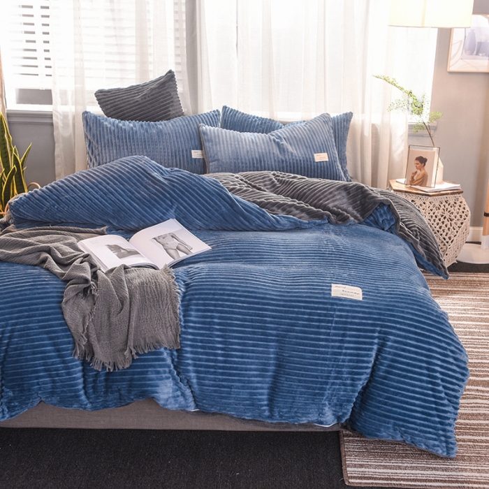 91家纺网 家纺一手货源 找家纺 欧冠 2019秋冬魔法绒暖绒系列四件套床单款 宝蓝深灰