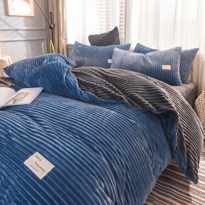 91家纺网 家纺一手货源 找家纺 欧冠 2019秋冬魔法绒暖绒系列四件套床单款 宝蓝深灰