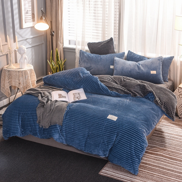 91家纺网 家纺一手货源 找家纺 欧冠 2019秋冬魔法绒暖绒系列四件套床单款 宝蓝深灰