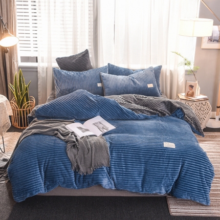 欧冠 2019秋冬魔法绒暖绒系列四件套床单款 宝蓝深灰