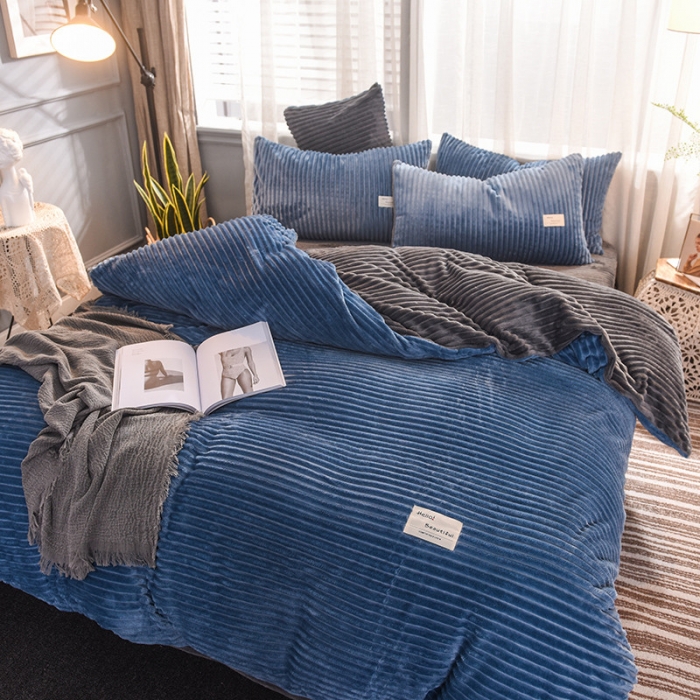 91家纺网 家纺一手货源 找家纺 欧冠 2019秋冬魔法绒暖绒系列四件套床单款 宝蓝深灰