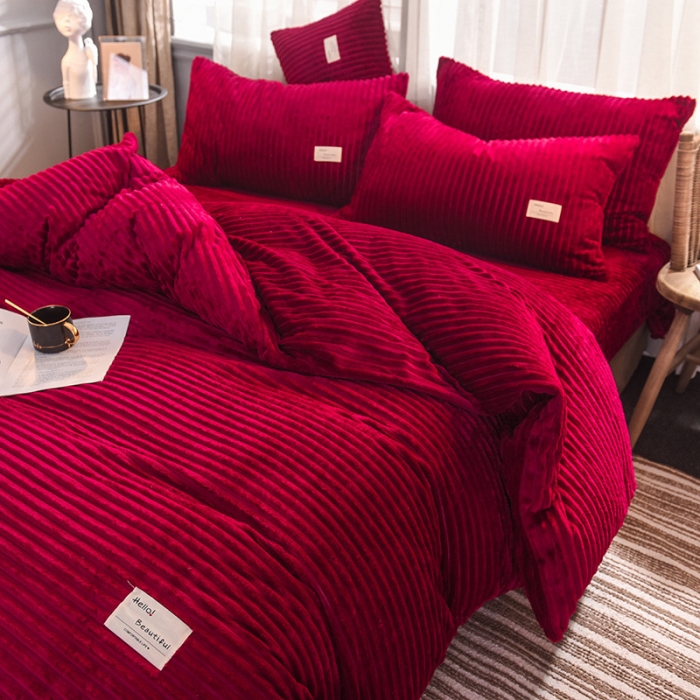 91家纺网 家纺一手货源 找家纺 欧冠 2019秋冬魔法绒暖绒系列四件套床单款 典雅红