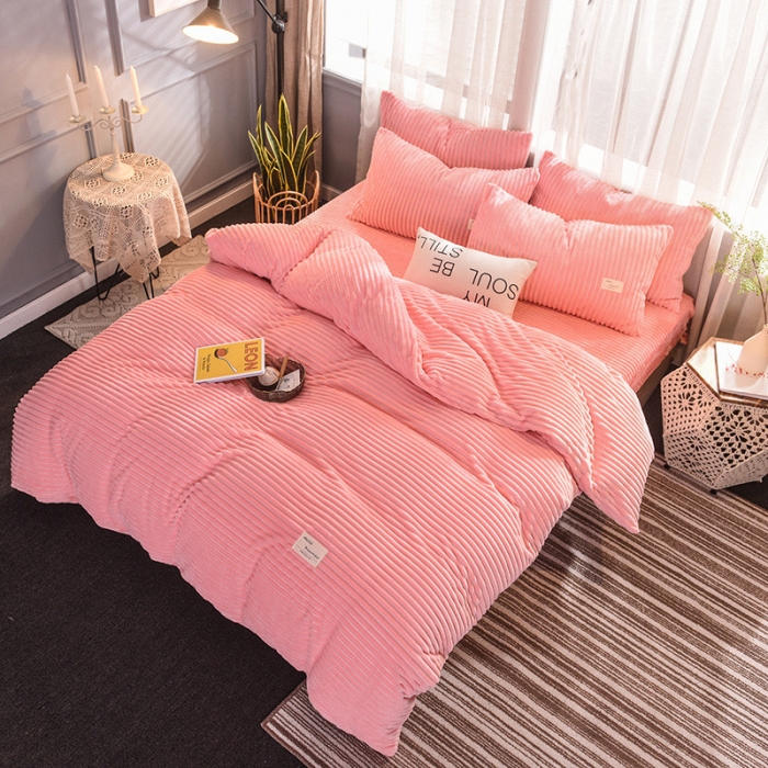 91家纺网 家纺一手货源 找家纺 欧冠 2019秋冬魔法绒暖绒系列四件套床单款 粉
