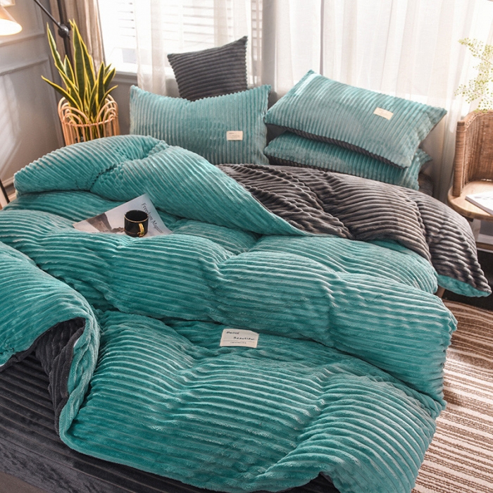 91家纺网 家纺一手货源 找家纺 欧冠 2019秋冬魔法绒暖绒系列四件套床单款 回忆蓝