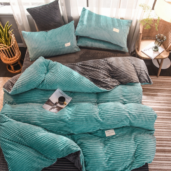 91家纺网 家纺一手货源 找家纺 欧冠 2019秋冬魔法绒暖绒系列四件套床单款 回忆蓝