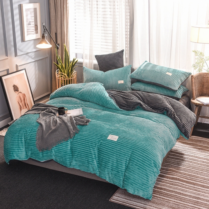 91家纺网 家纺一手货源 找家纺 欧冠 2019秋冬魔法绒暖绒系列四件套床单款 回忆蓝