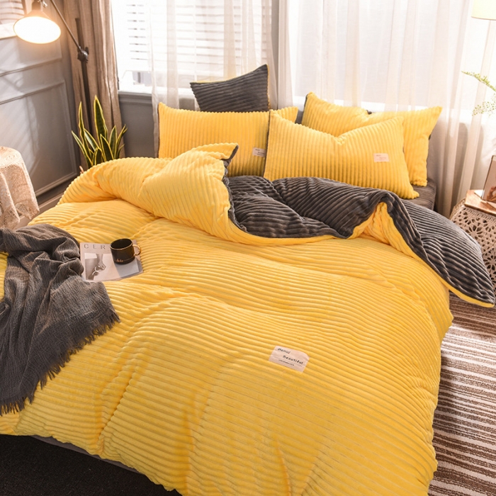 91家纺网 家纺一手货源 找家纺 欧冠 2019秋冬魔法绒暖绒系列四件套床单款 亮黄灰
