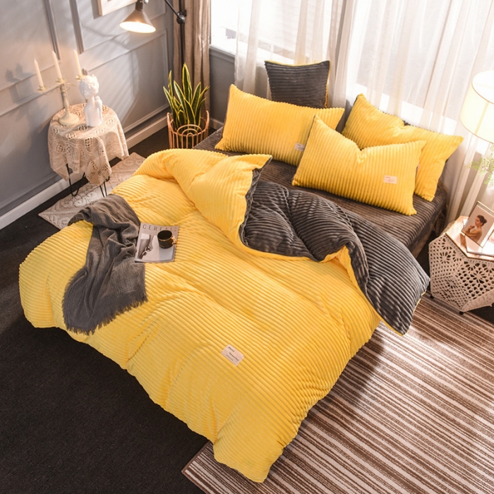91家纺网 家纺一手货源 找家纺 欧冠 2019秋冬魔法绒暖绒系列四件套床单款 亮黄灰