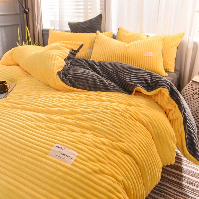 91家纺网 家纺一手货源 找家纺 欧冠 2019秋冬魔法绒暖绒系列四件套床单款 亮黄灰