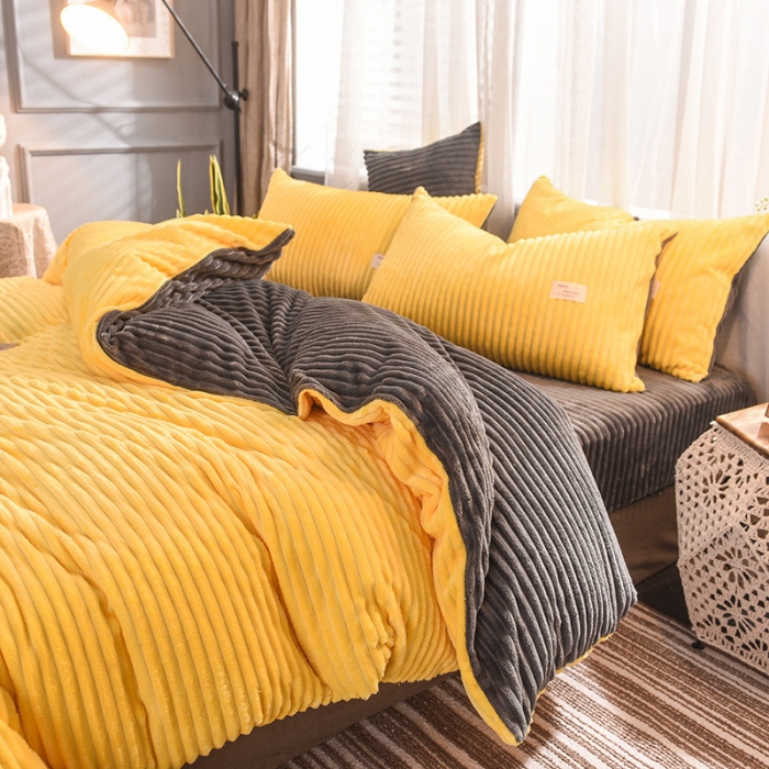 91家纺网 家纺一手货源 找家纺 欧冠 2019秋冬魔法绒暖绒系列四件套床单款 亮黄灰