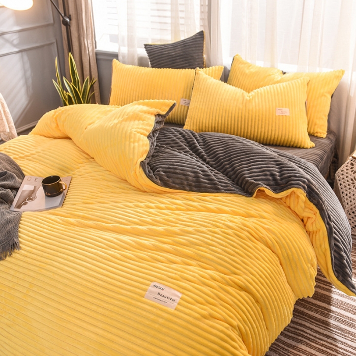 91家纺网 家纺一手货源 找家纺 欧冠 2019秋冬魔法绒暖绒系列四件套床单款 亮黄灰