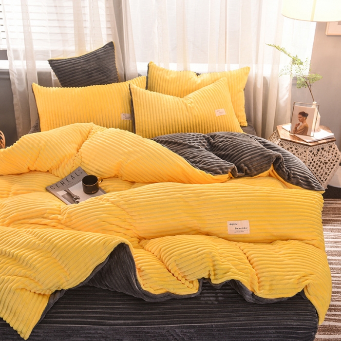 91家纺网 家纺一手货源 找家纺 欧冠 2019秋冬魔法绒暖绒系列四件套床单款 亮黄灰