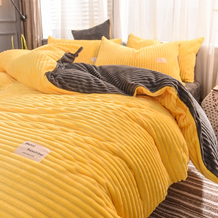 91家纺网 家纺一手货源 找家纺 欧冠 2019秋冬魔法绒暖绒系列四件套床单款 亮黄灰