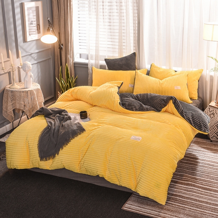 91家纺网 家纺一手货源 找家纺 欧冠 2019秋冬魔法绒暖绒系列四件套床单款 亮黄灰