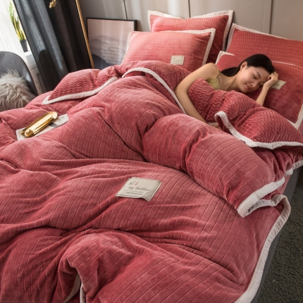 欧冠 2019提花法莱绒加贝贝绒加厚四件套 豆沙