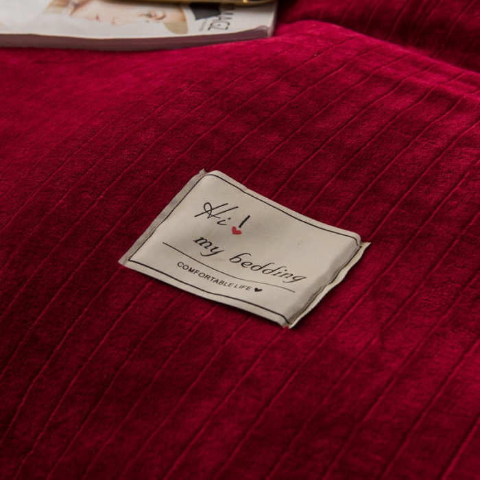 91家纺网 家纺一手货源 找家纺 欧冠 2019提花法莱绒加贝贝绒加厚四件套 喜庆红灰