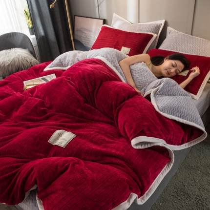 欧冠 2019提花法莱绒加贝贝绒加厚四件套 喜庆红灰