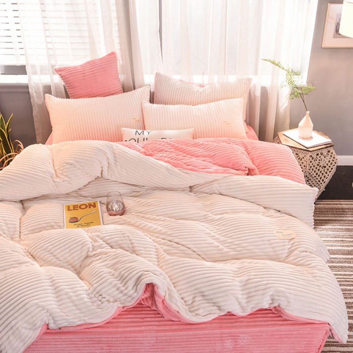 91家纺网 家纺一手货源 找家纺 欧冠 2019秋冬魔法绒暖绒系列四件套床单款 梨花粉