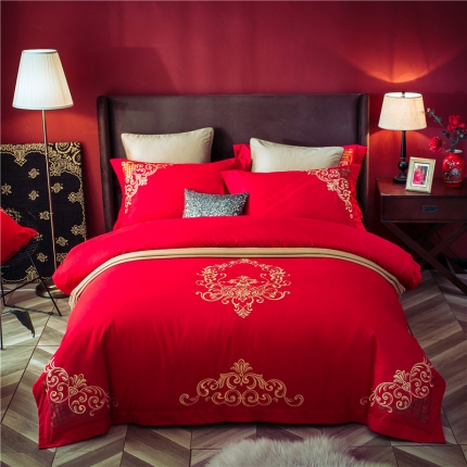 91家纺网 家纺一手货源 找家纺 千禧婚庆 彩棉缎宫殿婚庆风四件套 皇族-大红