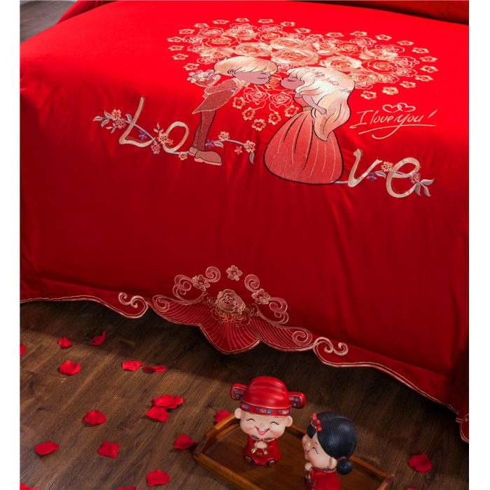 91家纺网 家纺一手货源 找家纺 千禧婚庆专供 2019新款喷气全棉婚庆四件套多件套 幸福牵手