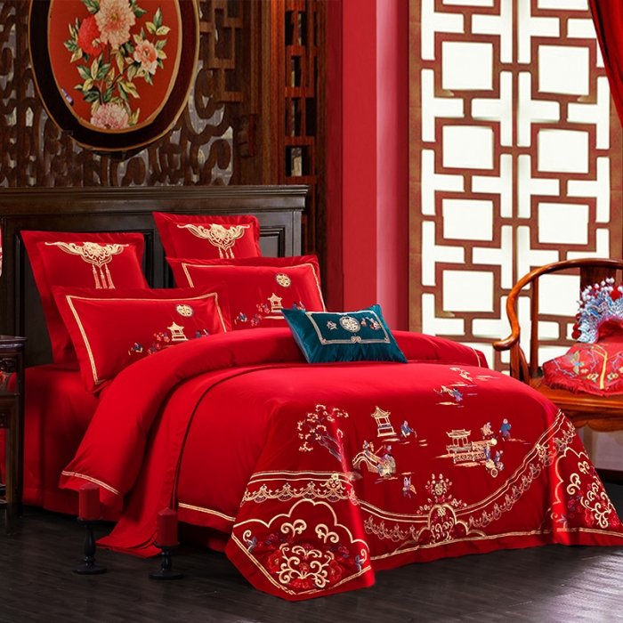 91家纺网 家纺一手货源 找家纺 千禧婚庆专供 2019新款喷气全棉婚庆四件套多件套 百子临门