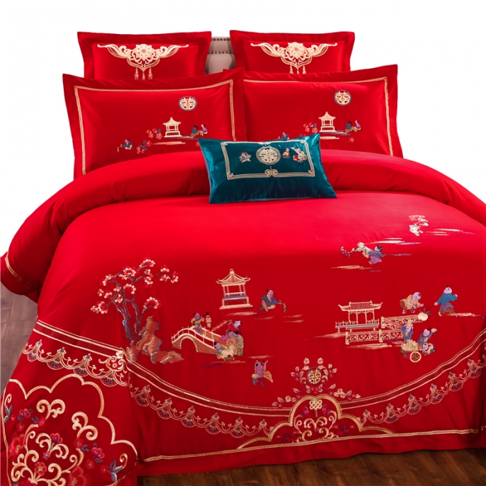 91家纺网 家纺一手货源 找家纺 千禧婚庆专供 2019新款喷气全棉婚庆四件套多件套 百子临门