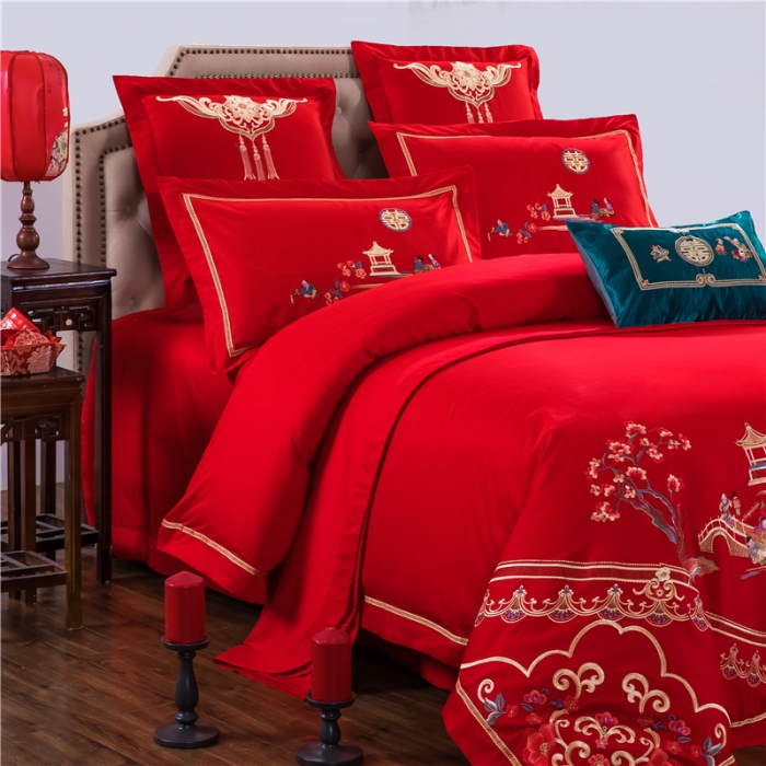 91家纺网 家纺一手货源 找家纺 千禧婚庆专供 2019新款喷气全棉婚庆四件套多件套 百子临门