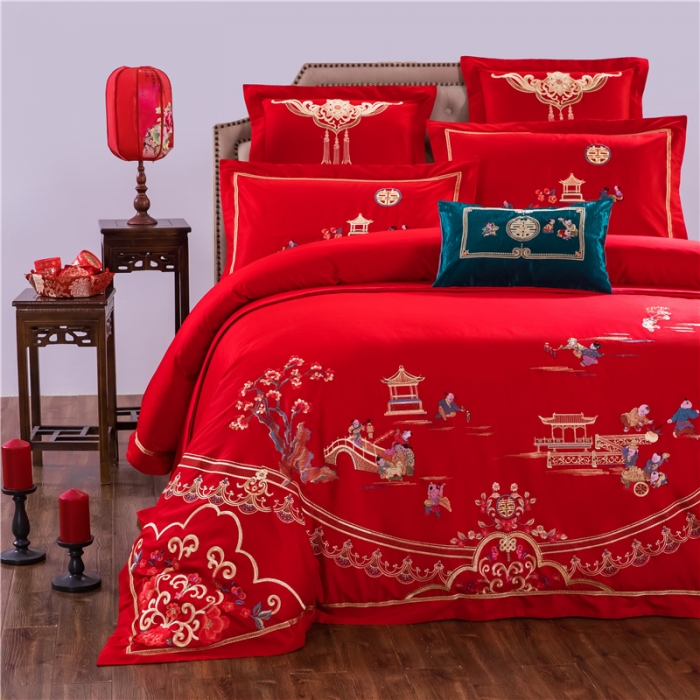 91家纺网 家纺一手货源 找家纺 千禧婚庆专供 2019新款喷气全棉婚庆四件套多件套 百子临门