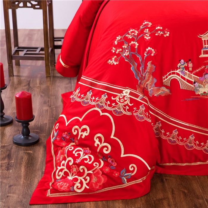 91家纺网 家纺一手货源 找家纺 千禧婚庆专供 2019新款喷气全棉婚庆四件套多件套 百子临门