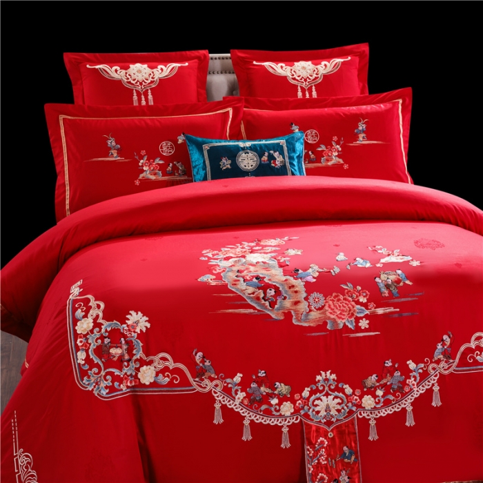 91家纺网 家纺一手货源 找家纺 （总）千禧婚庆专 供 长绒棉贡缎提花绣花婚庆四件套