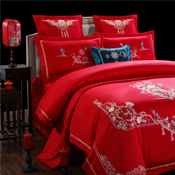 91家纺网 家纺一手货源 找家纺 （总）千禧婚庆专 供 长绒棉贡缎提花绣花婚庆四件套