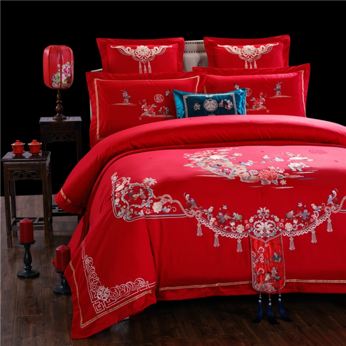 91家纺网 家纺一手货源 找家纺 （总）千禧婚庆专 供 长绒棉贡缎提花绣花婚庆四件套