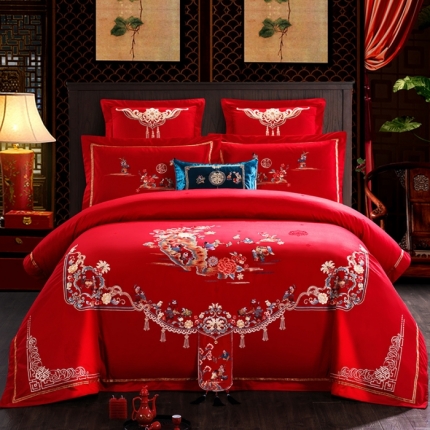 91家纺网 家纺一手货源 找家纺 （总）千禧婚庆专 供 长绒棉贡缎提花绣花婚庆四件套