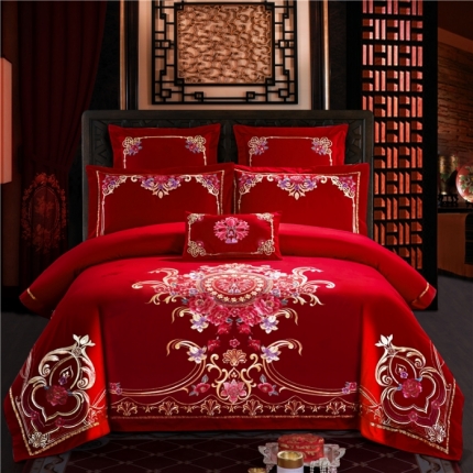91家纺网 家纺一手货源 找家纺 （总）千禧婚庆专 供 长绒棉贡缎提花绣花婚庆四件套