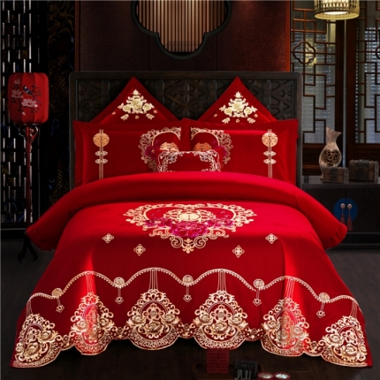 91家纺网 家纺一手货源 找家纺 （总）千禧婚庆专 供 长绒棉贡缎提花绣花婚庆四件套