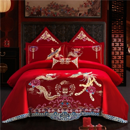 91家纺网 家纺一手货源 找家纺 （总）千禧婚庆专 供 长绒棉贡缎提花绣花婚庆四件套