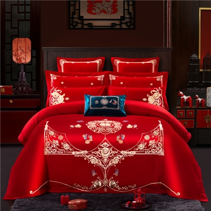 91家纺网 家纺一手货源 找家纺 千禧婚庆专供 2019喷气全棉婚庆四件套多件套 喜迎百子