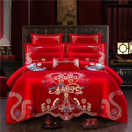 91家纺网 家纺一手货源 找家纺 千禧婚庆专供 2019喷气全棉婚庆四件套多件套 永结同心