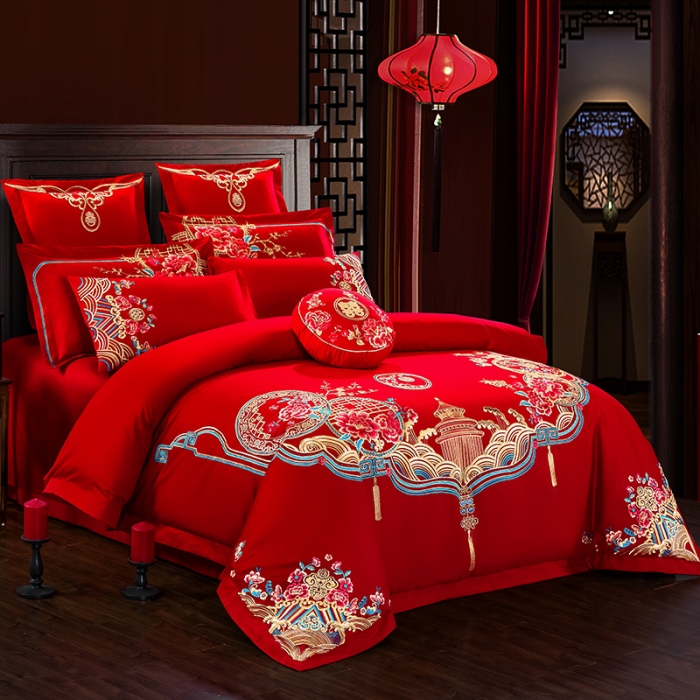 91家纺网 家纺一手货源 找家纺 千禧婚庆专供 2019喷气全棉婚庆四件套多件套 花韵喜事