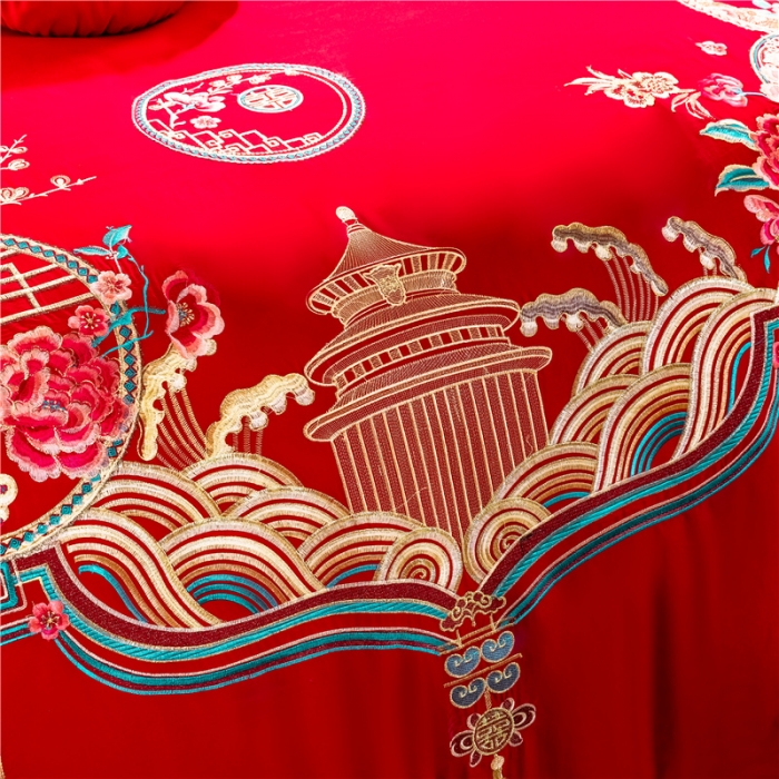 91家纺网 家纺一手货源 找家纺 千禧婚庆专供 2019喷气全棉婚庆四件套多件套 花韵喜事