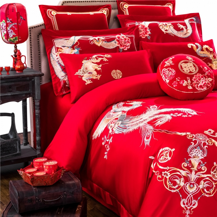 91家纺网 家纺一手货源 找家纺 千禧家纺 2019新款长绒棉婚庆多件套 龙飞凤舞