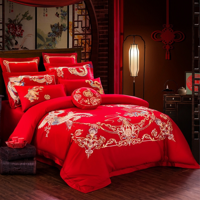 91家纺网 家纺一手货源 找家纺 千禧家纺 2019新款长绒棉婚庆多件套 龙飞凤舞