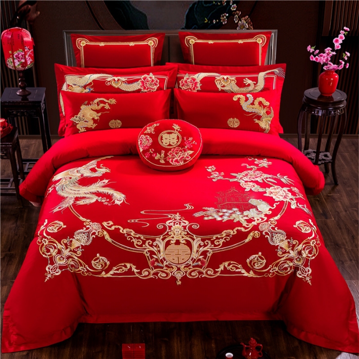 91家纺网 家纺一手货源 找家纺 千禧家纺 2019新款长绒棉婚庆多件套 龙飞凤舞