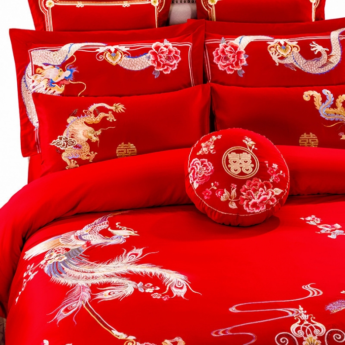 91家纺网 家纺一手货源 找家纺 千禧家纺 2019新款长绒棉婚庆多件套 龙飞凤舞