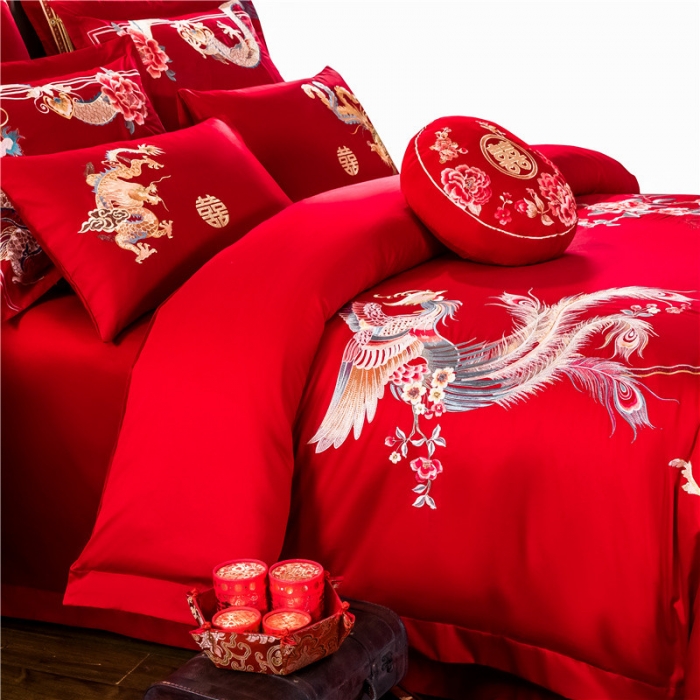 91家纺网 家纺一手货源 找家纺 千禧家纺 2019新款长绒棉婚庆多件套 龙飞凤舞