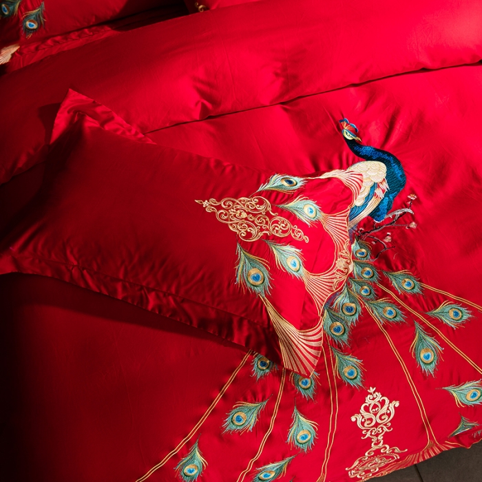 91家纺网 家纺一手货源 找家纺 宅家居 60支长绒棉四件套幻羽系列红色