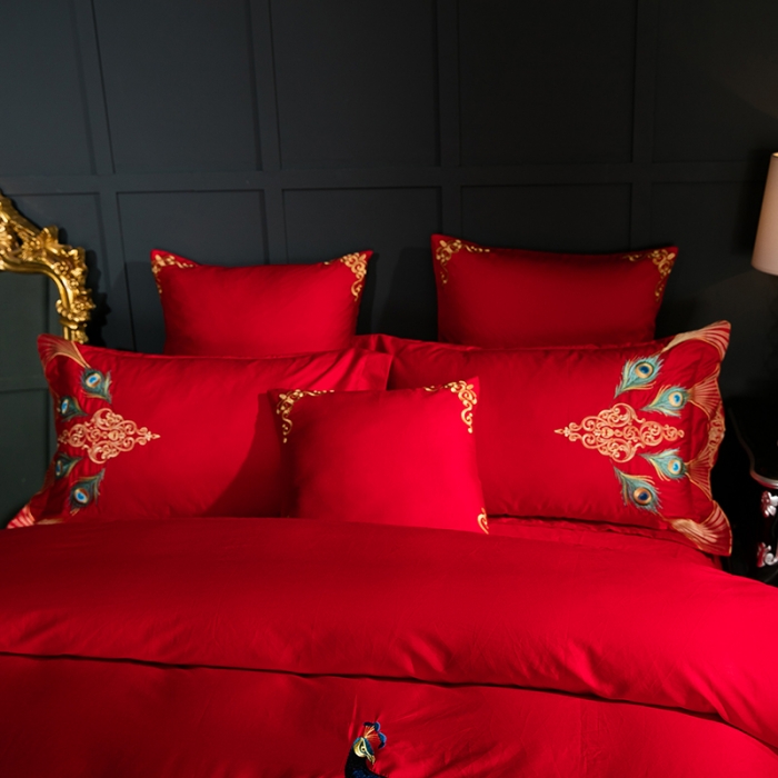 91家纺网 家纺一手货源 找家纺 宅家居 60支长绒棉四件套幻羽系列红色
