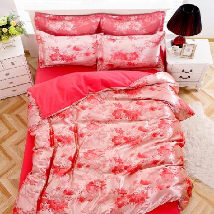 91家纺网 家纺一手货源 找家纺 百花王 贡缎提花四件套 富贵大红