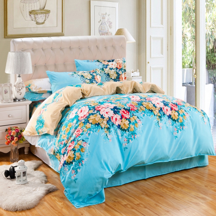 91家纺网 家纺一手货源 找家纺 百花王 钻石绒四件套 爱丽丝（蓝）