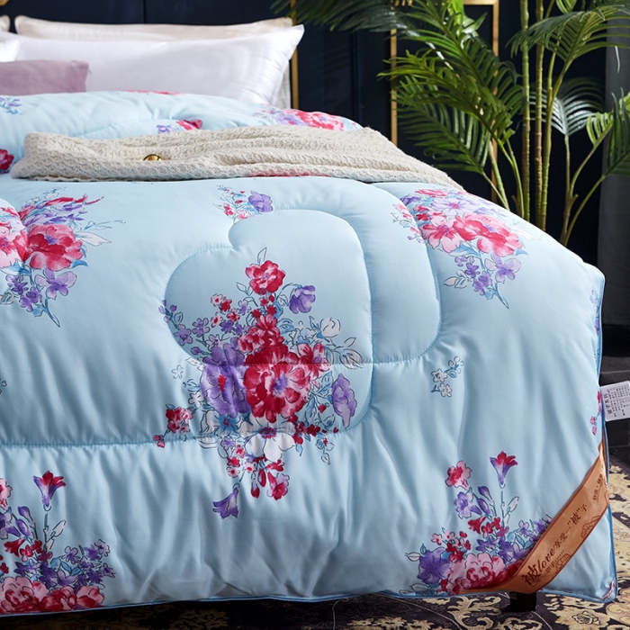 91家纺网 家纺一手货源 找家纺 百花王 蜘蛛花被印花冰丝被夏被 国色天香-蓝